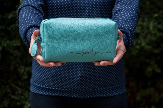 Leather Makeup Bag-Toiletry Bag-Bridesmaig Gift-Light blue personalized monogram leather Makeup B... | Etsy (US)