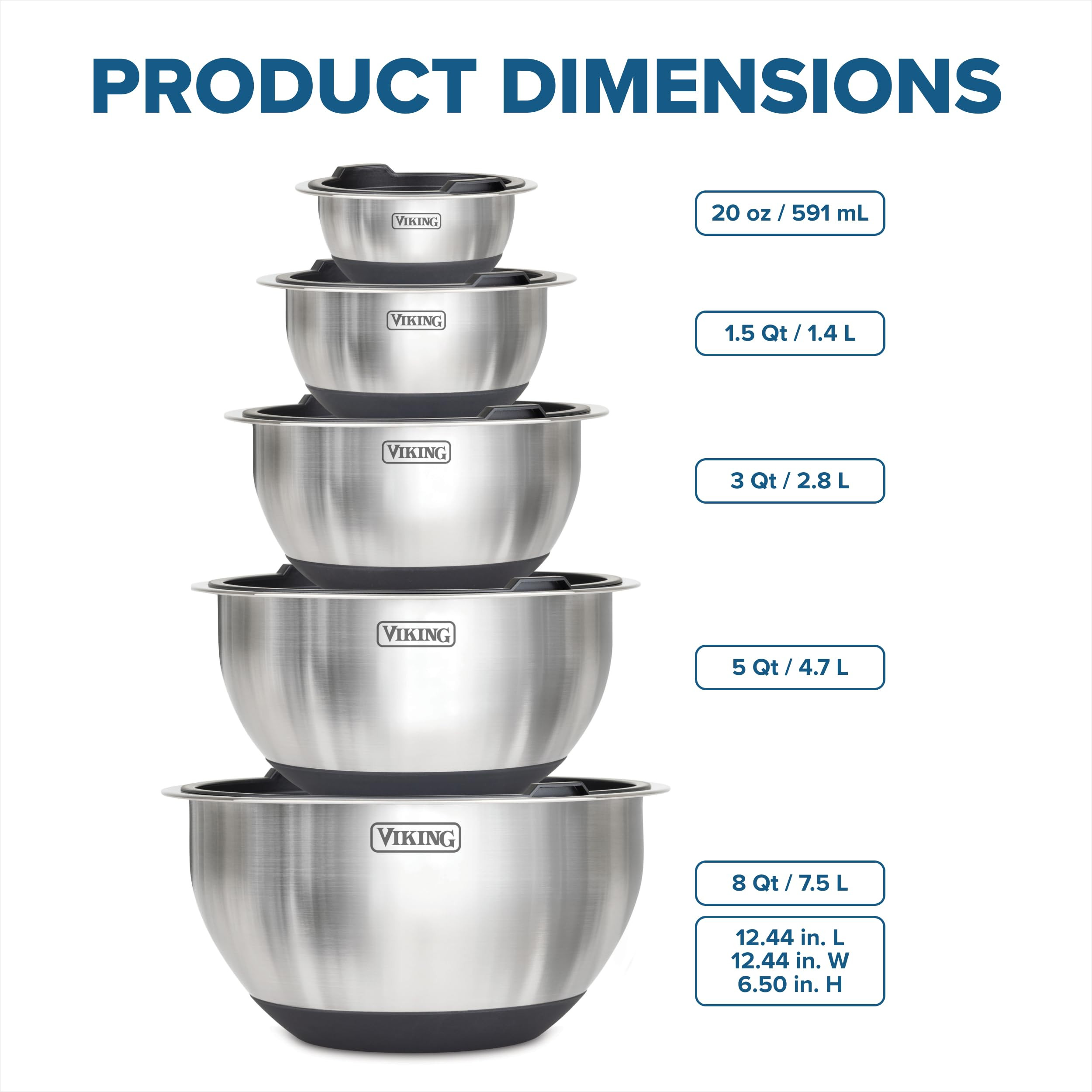 Viking Mixing Bowls Set, 10 Piece Stainless Steel Kitchen Cookware, Non-Slip Silicone Base, Inclu... | Amazon (US)