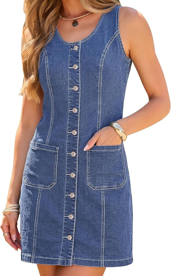luvamia Denim Dresses for Women Sleeveless Stretchy Jean Summer Casual Western Short Button Down ... | Amazon (US)