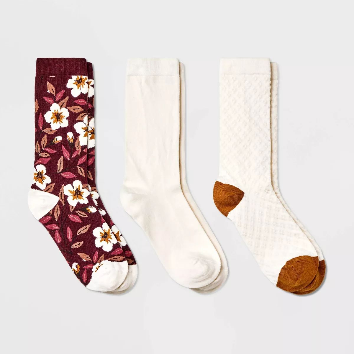 Women's Floral 3pk Crew Socks - A New Day™ Burgundy/Ivory 4-10 | Target