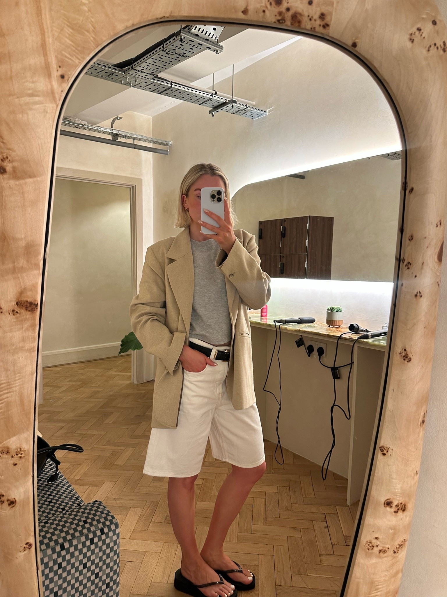 White Bermuda shorts
Black flip flops 
Grey tee 
Spring workwear
Summer workwear
Spring outfits

#LTKootd #LTKgrwm #LTKWorkwear