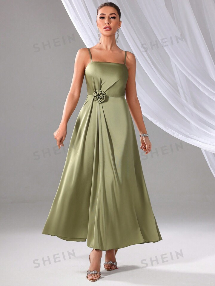 SHEIN Belle Women's Solid Color Long Elegant Cami Dress Adorned With 3D Flowers, Bridesmaid Gown ... | SHEIN