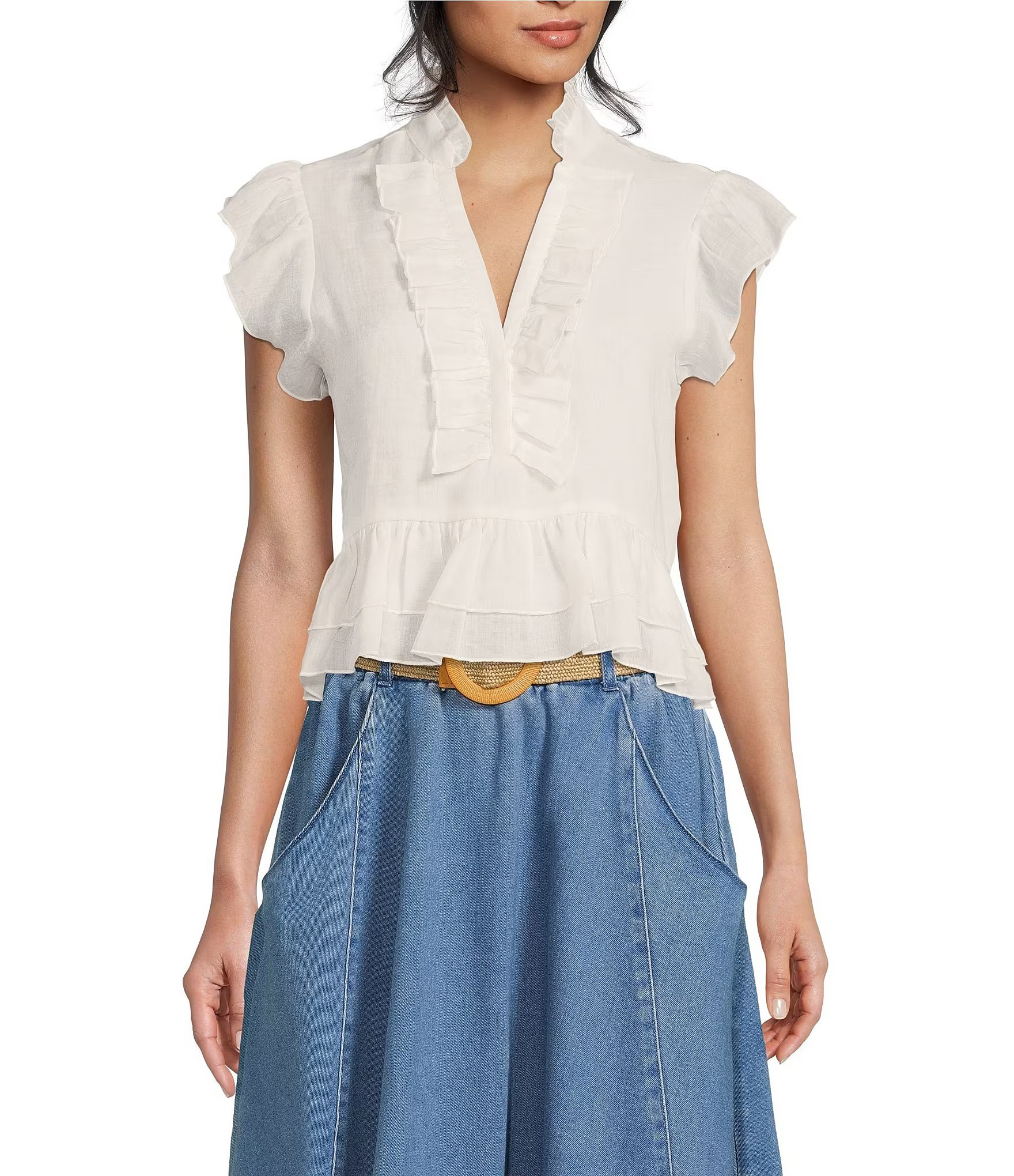 V-Neck Cap Sleeve High-Low Hem Ruffled Cropped Top | Dillard's