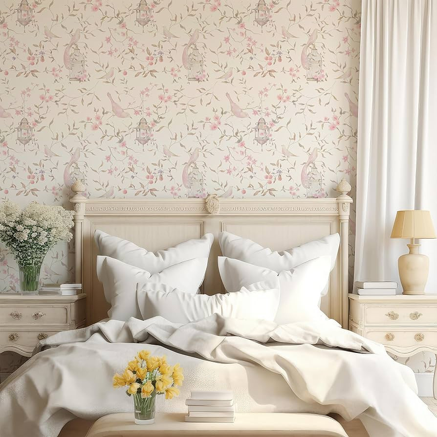 Chinoiserie Wallpaper with Pink Bird and Flowers, French Wallpaper for Bedroom, Renter Friendly W... | Amazon (US)