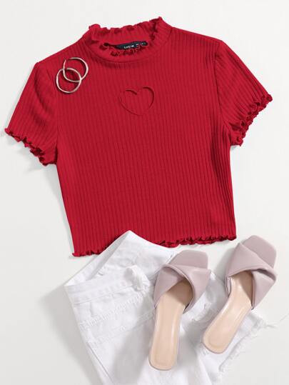 SHEIN Heart Cutout Detail Lettuce Trim Tee | SHEIN