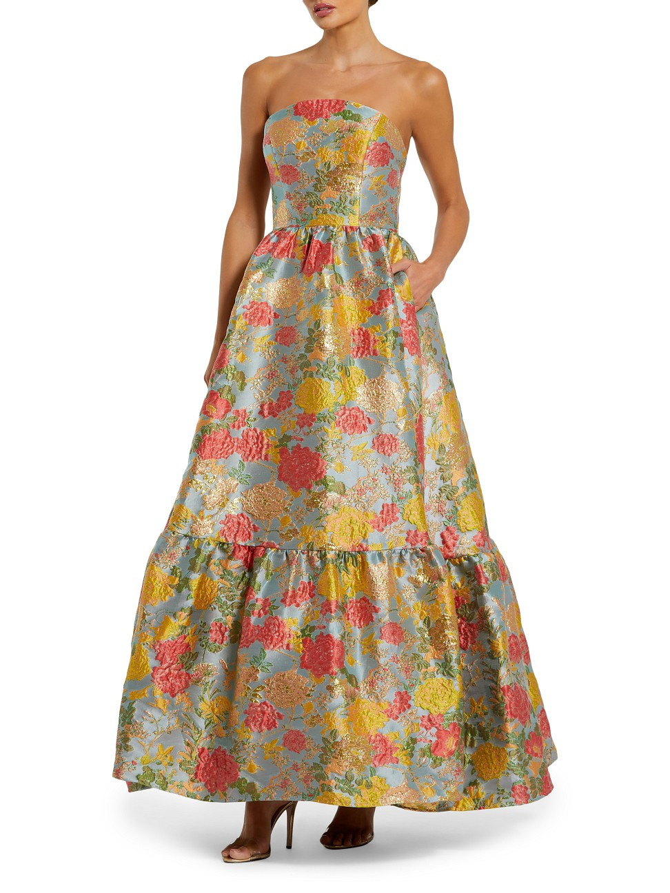 Women's Floral Brocade Ruffle-Hem Strapless Gown - Turquoise Mutli - Size 0 | Saks Fifth Avenue