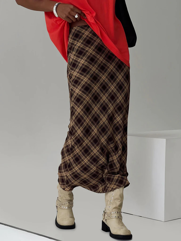 Hayze Maxi Skirt Brown Check | Princess Polly US