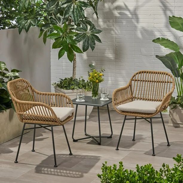 Louise Outdoor Woven Faux Rattan Chairs with Cushions, Set of 2, Light Brown and Beige | Walmart (US)