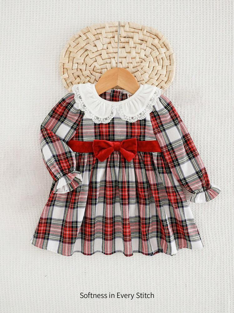 Cozy Pixies Baby Girl Peter Pan Collar, Bow Decor, Plaid Print Long Sleeve Cinched Waist Dress, For Christmas | SHEIN