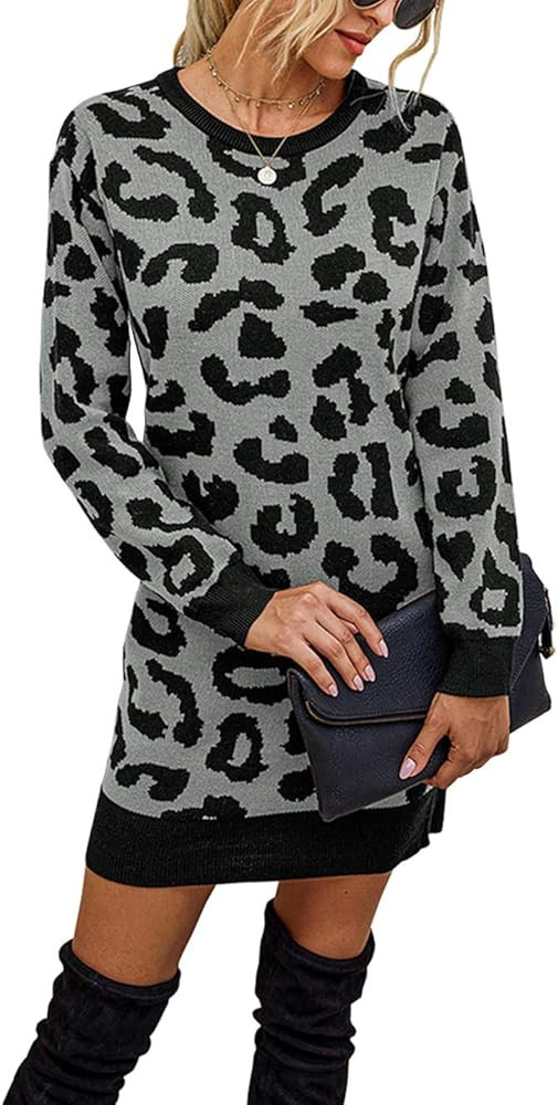 KIRUNDO Women’s 2021 Winter Long Sleeves Mini Sweater Dress Leopard Plaid Print Crew Neck Overs... | Amazon (US)