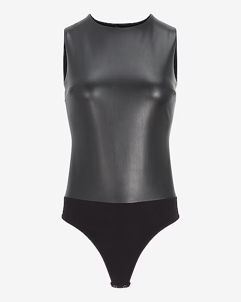 Body Contour Faux Leather High Neck Thong Bodysuit | Express