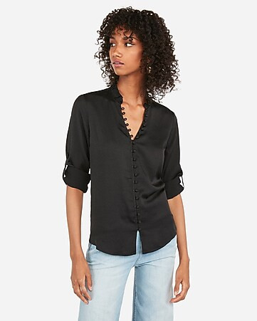 original fit satin ruffle collar portofino shirt | Express