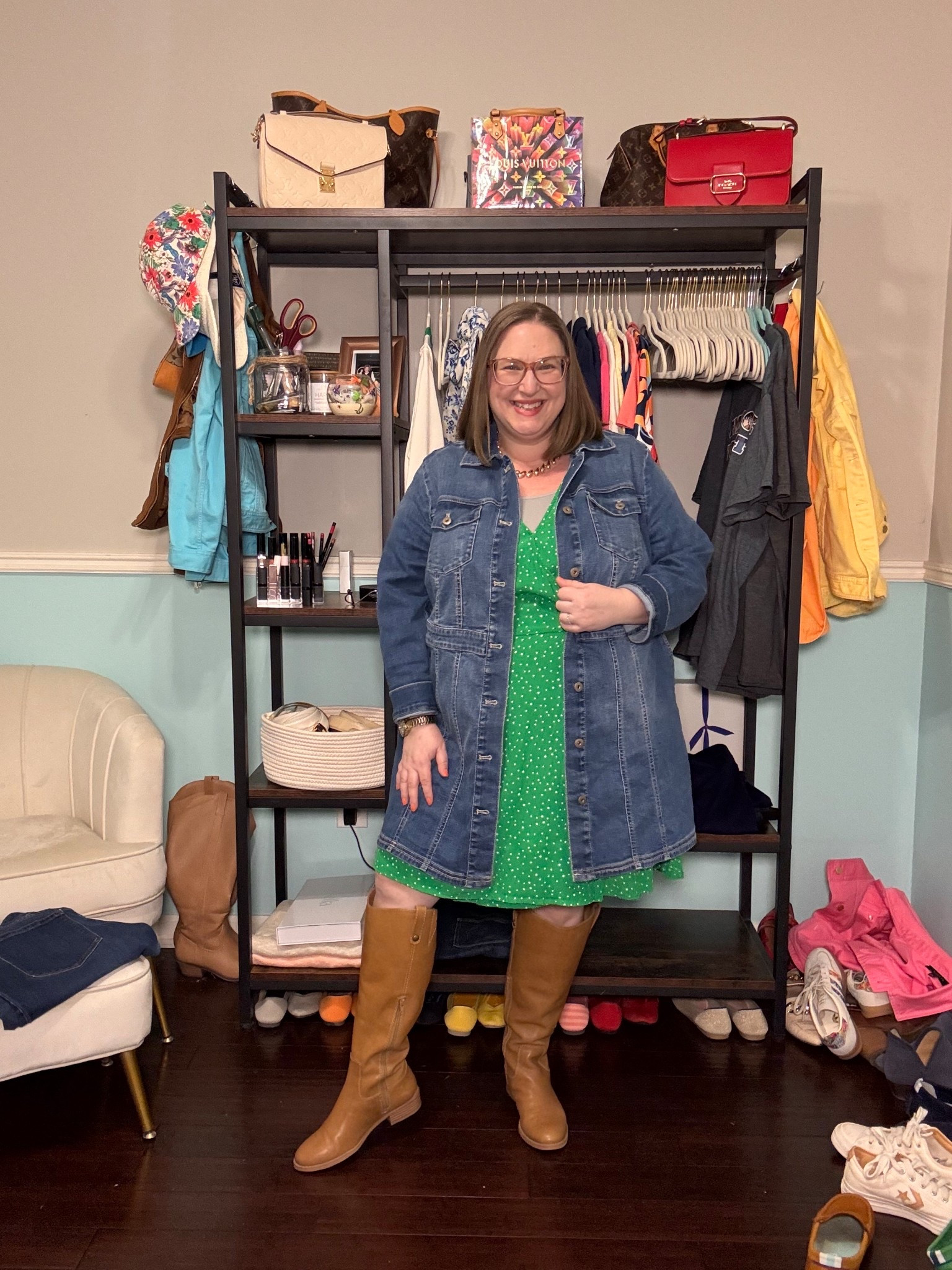 It’s hard to find a kelly green wrap dress — or green dress in general!

I linked a dress from JJill — the pattern one might work for springs, but the navy is too dark  