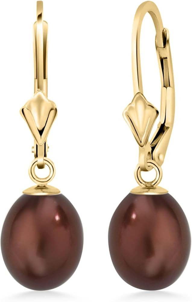 Gem Stone King 14K Gold 9MM Cultured Freshwater Pearl Dangle Earrings For Women | Leverback Gold ... | Amazon (US)