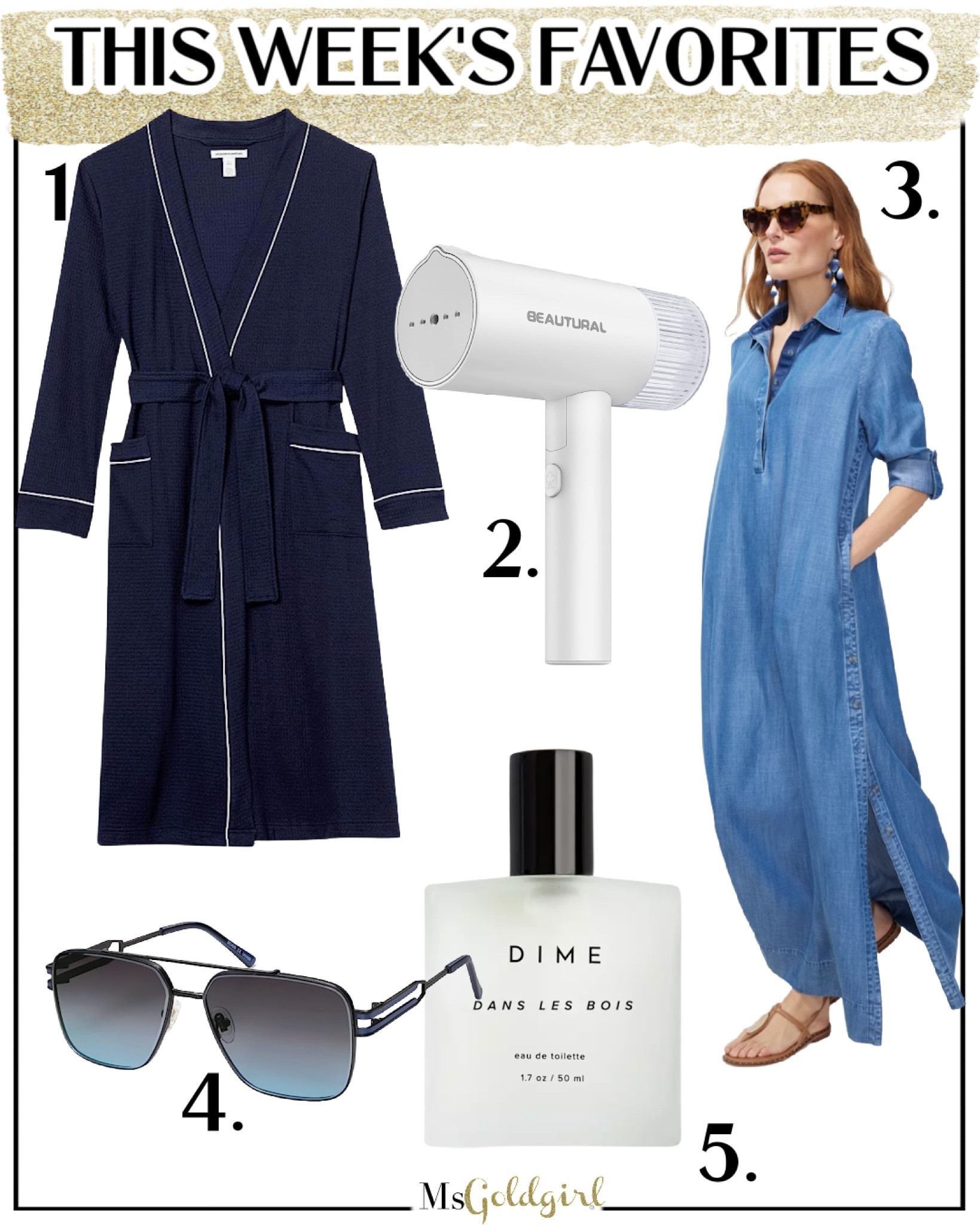 A little late but if you can get these, they are so worth it!!
1. Runs TTS, comes in lots of colors and the perfect weight for warm weather. 
2. My new favorite steamer for home & travel
3. This caftan is a very cool option in the most comfy Tencel fabric!
4. These look so expensive, comes in multiple options and are under $20
5. A really good dupe for Baccarat 540 but under $40 

#fridayfaves #summerfavorites #fashionover40 #fashionover50 #travelfinds 

#LTKbeauty #LTKtravel #LTKFind