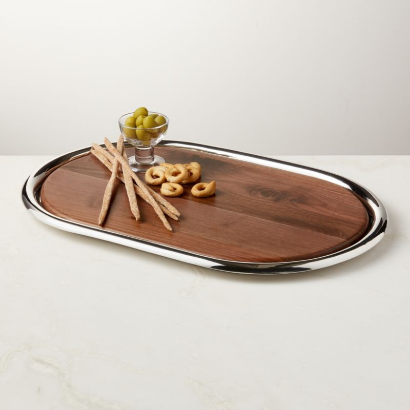 Piero Oval Stainless Steel and Walnut Serving Tray Set by Gianfranco Frattini | CB2 | CB2
