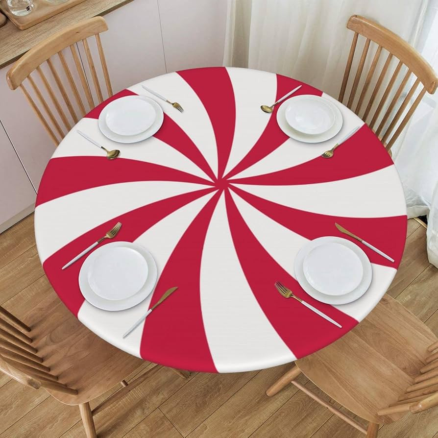 Red and White Round Table Cloth Peppermint Swirl Candy Christmas Tablecloth Elastic Edge Fitted T... | Amazon (US)