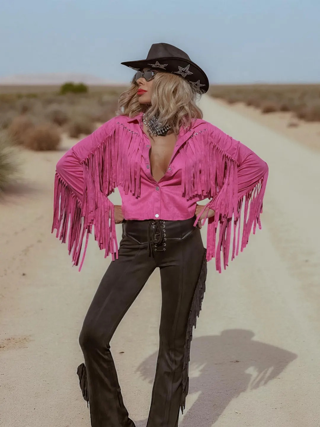 Pink Faux Suede Fringe Shirt Jacket, Pink Cowgirl Jacket, Western Faux Suede Pink Fringe Jacket, ... | Etsy (US)