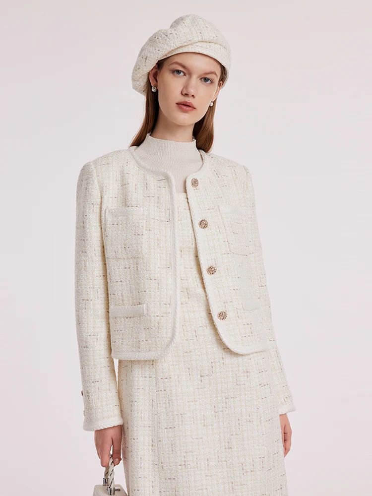 White Knitted Tweed Crop Jacket | GOELIA