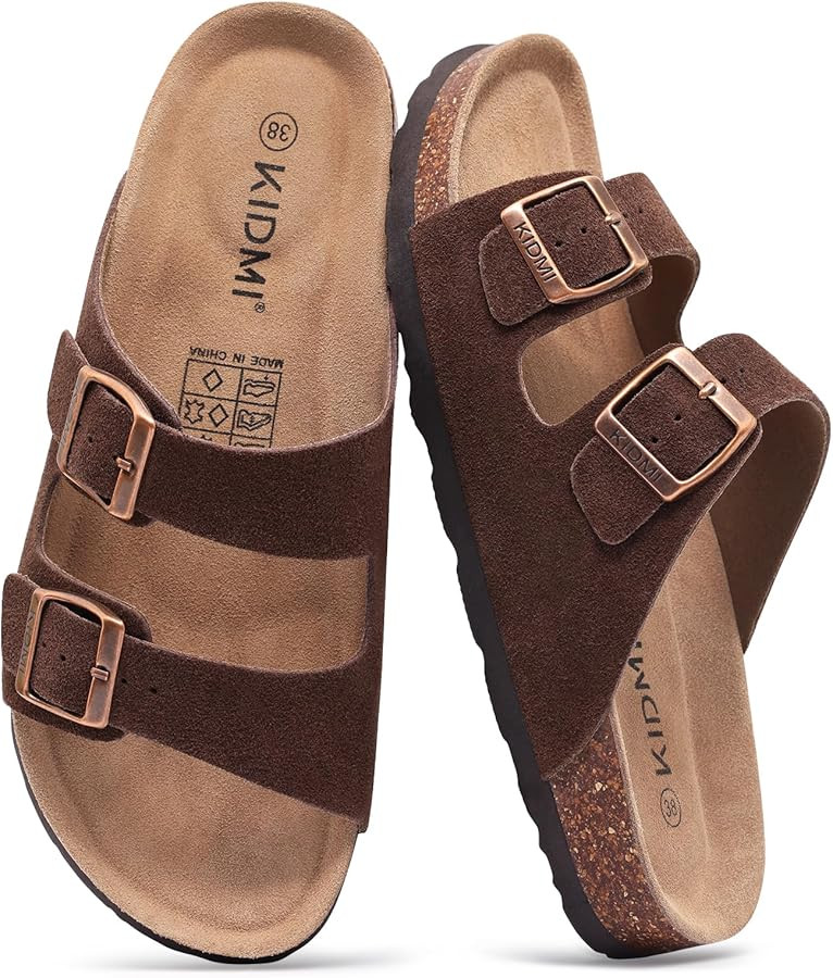 KIDMI Women's Genuine Suede Sandals Cork Footbed Summer Adjustable Slide Sandals | Amazon (US)