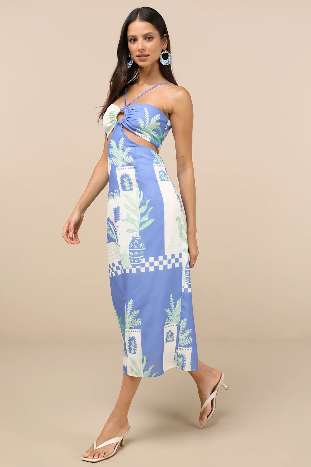 Beliana Blue Multi Print Halter O-Ring Midi Dress | Lulus