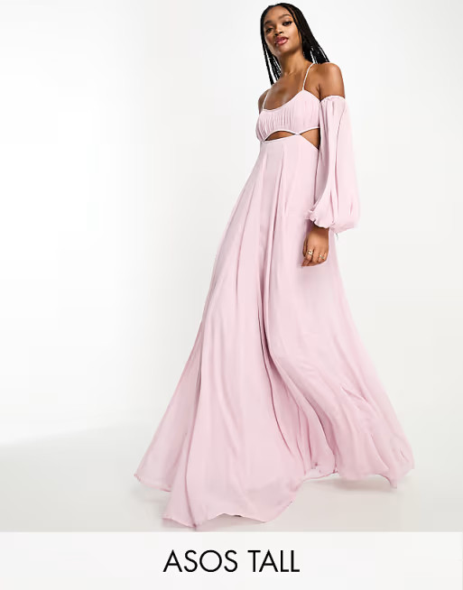 ASOS DESIGN Tall ruched bust off shoulder cut out babydoll maxi dress in dusty lilac | ASOS (Global)
