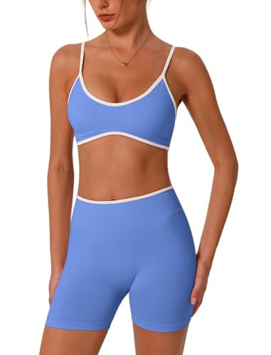 ABOCIW Workout Sets for Women Seamless Color Block Sports Bra Hidden Scrunch High Waist Biker Shorts 2 Piece Gym Yoga Pilates Outfits Active Wear Azure Small | Amazon (US)