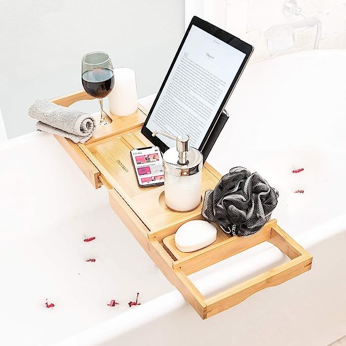 Bath Caddy Tray for Tub: Bamboo Bathtub Tray Caddy Expandable with Wine Glass Holder and Book Sta... | Amazon (US)