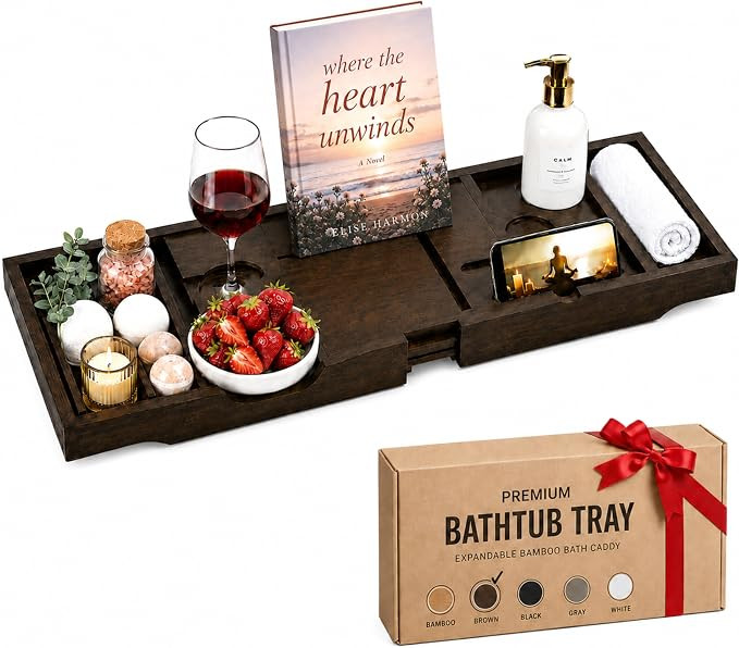 Bambüsi Bathtub Tray for Tub - Brown Bamboo Bath Tray, Expandable Wooden Bath Caddy Tray with Wi... | Amazon (US)