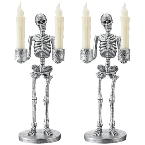 LemonRoad 2 Sets Silver Skeleton Candle Holder for Halloween 13" Gothic Skeleton Candlesticks with Bone Hands, Decorative Centerpiece for Home Tabletop, Mantel, Spooky Decor | Amazon (US)