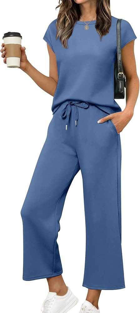 Totatuit Women's 2 Piece Lounge Set Summer Outfits Travel Airport Tracksuit Wide Leg Loungewear | Amazon (US)