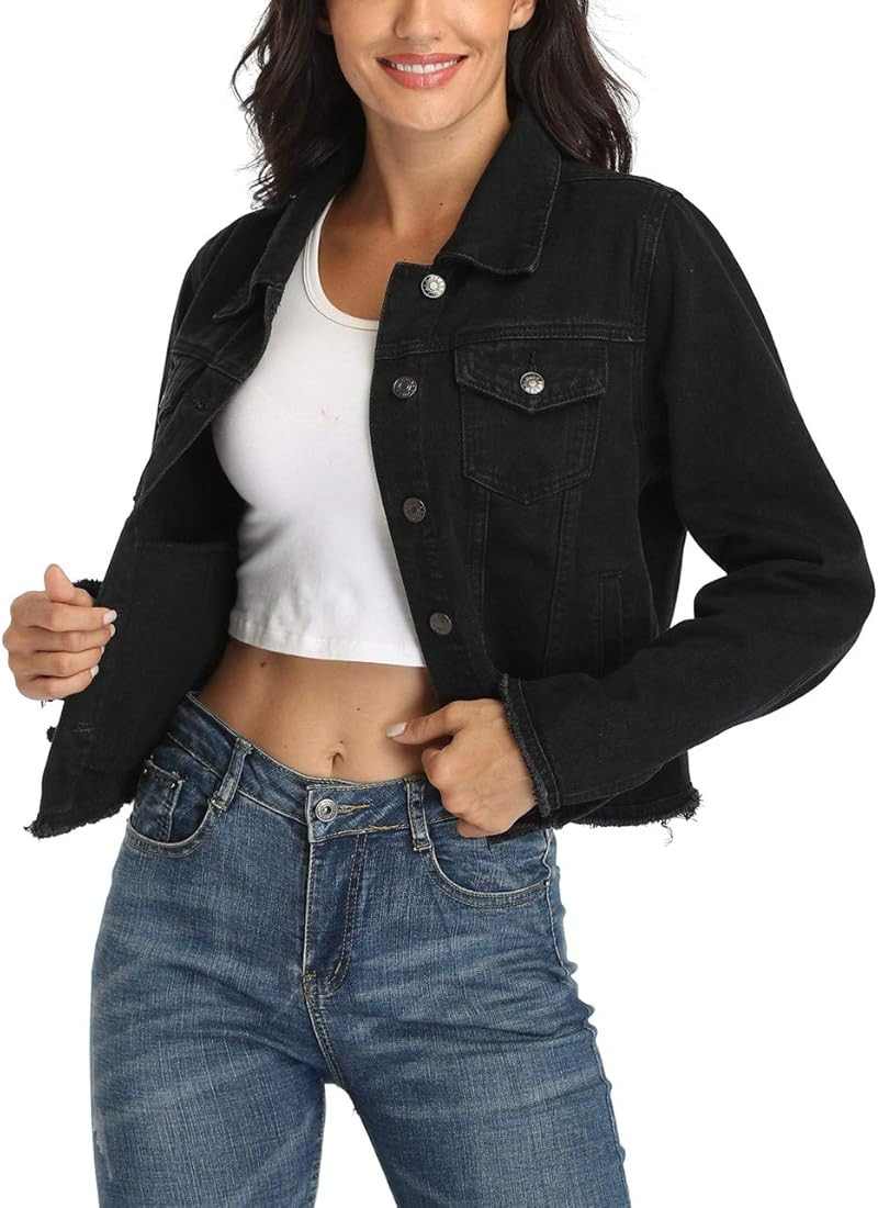 MISS MOLY Cropped Jean Jacket Women Frayed Washed Soft Button Up Short Denim Jacket w 2 Side Pock... | Amazon (US)
