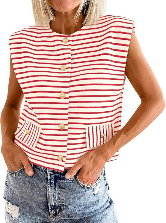 Cicy Bell Womens Striped Vest Summer Casual Button Down Cap Sleeve Tank Tops Crew Neck Sleeveless... | Amazon (US)