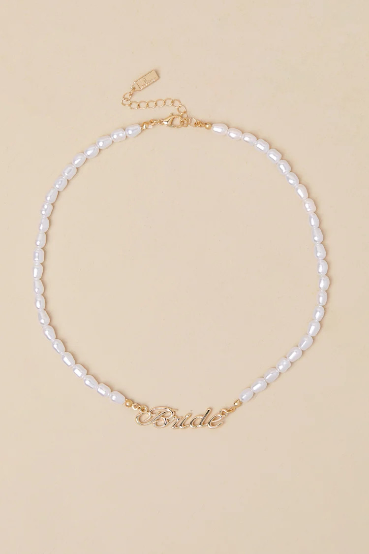 Destined Shine Gold Pearl Bride Script Necklace | Lulus