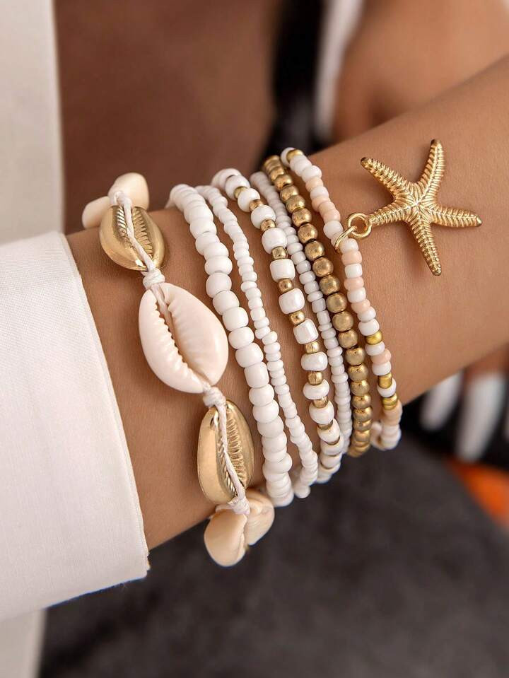 7pcs Bohemian Style Sea Star Shaped Pendant Mixed Color Beaded Bracelet Set With Alloy, Rice Shap... | SHEIN