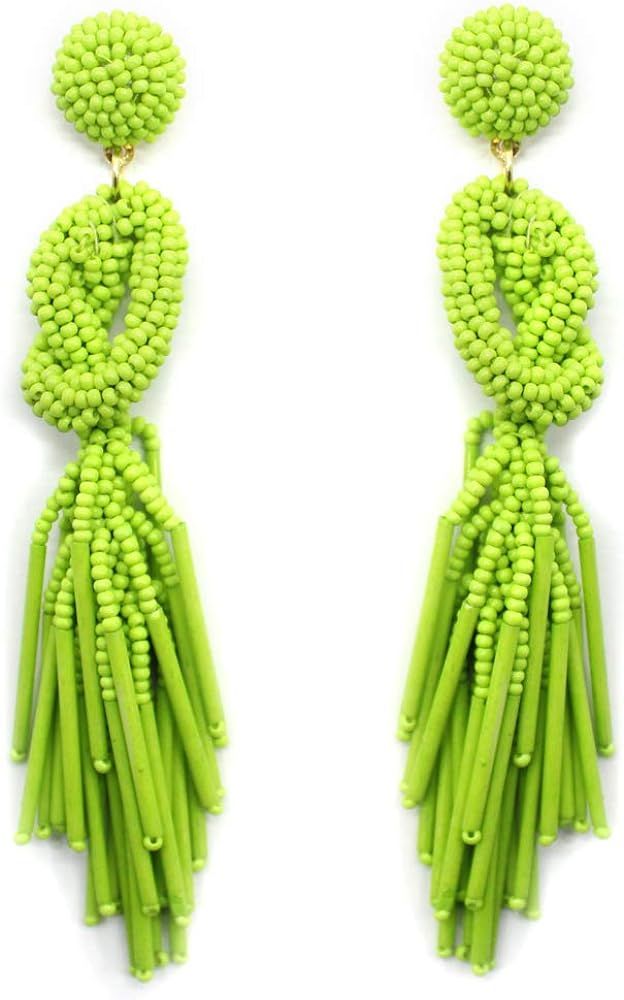 Handmade Beaded Solid Color Post Statement Earrings for Women All Season 4 inch Long | Amazon (US)