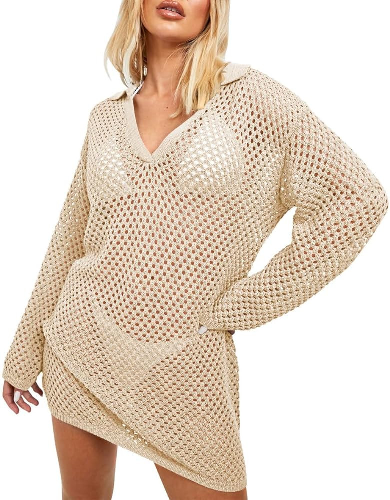 Pink Queen Crochet Swimsuit Cover Up for Women 2024 Sexy Hollow Out Bikini Bathing Suit Coverup K... | Amazon (US)