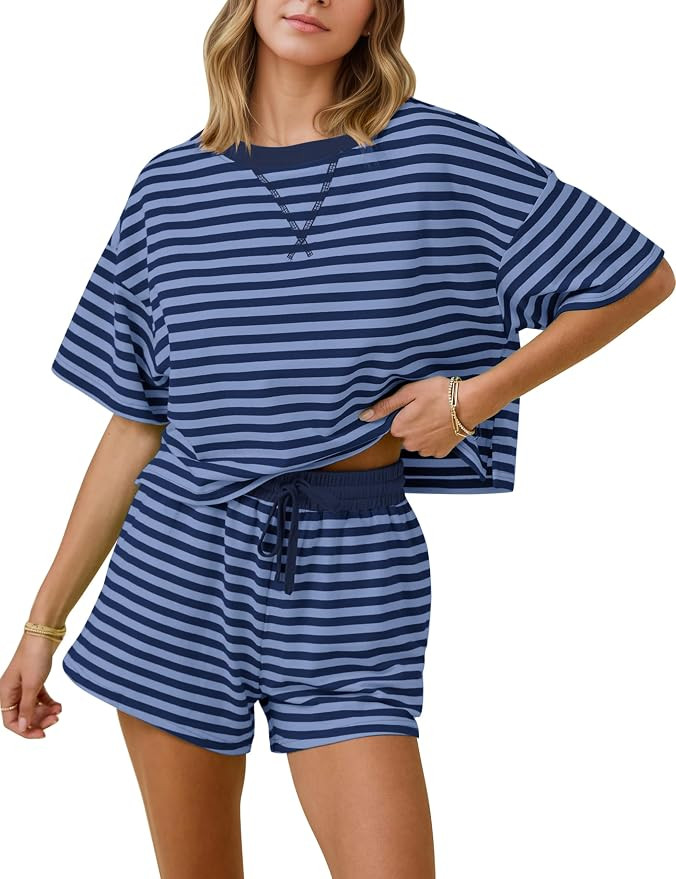 MISSACTIVER Womens Lounge 2 Piece Sets Summer Striped Matching Pajamas Set Short Sleeve Oversized... | Amazon (US)