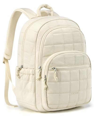 BAGSMART College Laptop Backpack, Travel Laptop Backpack for Women, Quilted Casual Daypack, Water-Resistant Bookbag for 15.6 Inch Laptop, Beige | Amazon (US)