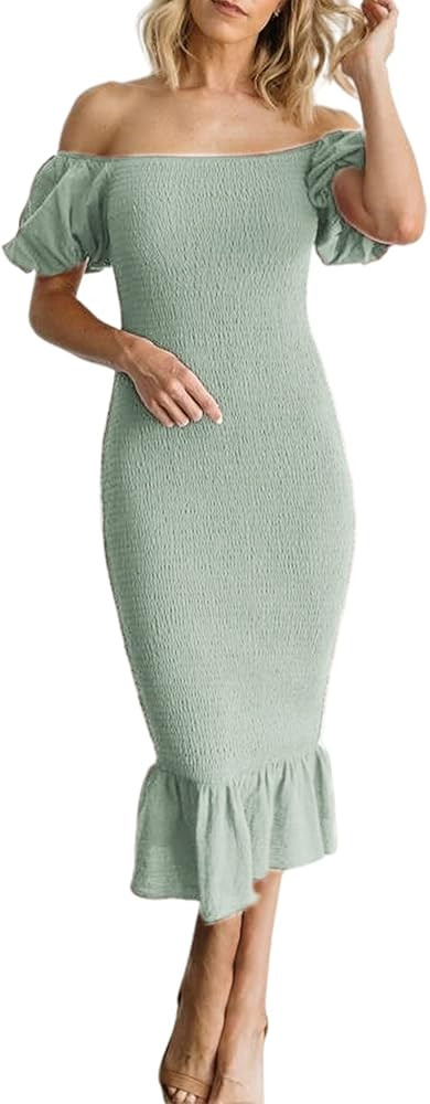BerryGo Women's Smocked Bodycon Off Shoulder Puff Short Sleeve Mermaid Dress Ruffle Shirred Party Co | Amazon (US)