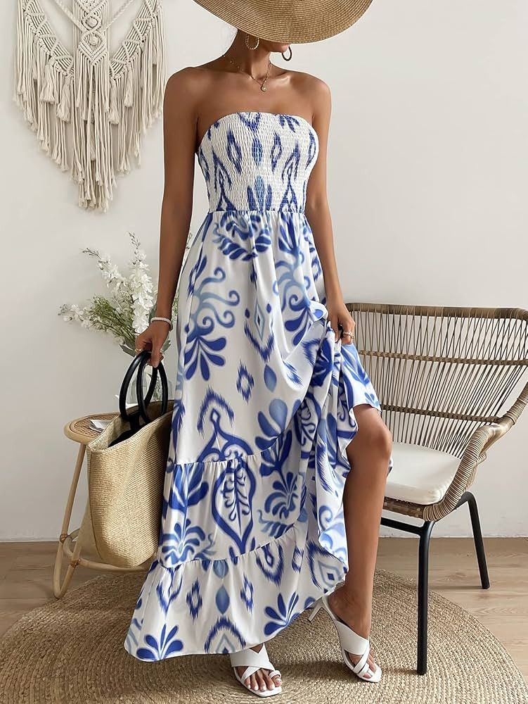 Women's 2023 Summer Boho Long Dress Sleeveless Print Ruffle Hem Tube Dress Blue and White | Amazon (US)