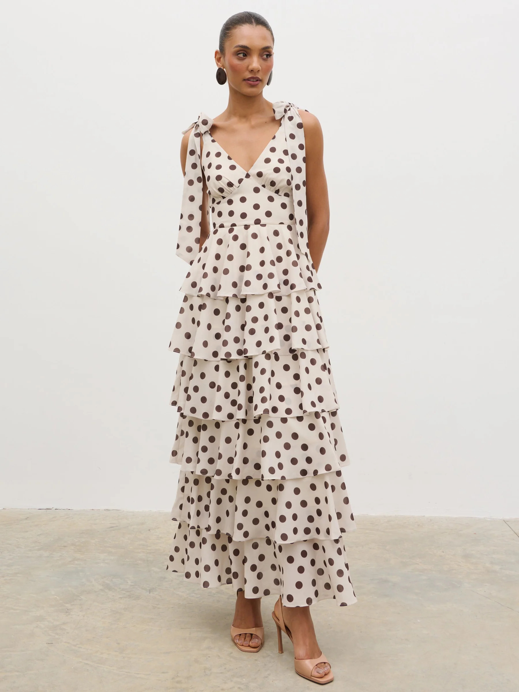 Fiore Tie Ruffle Maxi Dress - Large Brown and Cream Polkadot | Pretty Lavish (UK)
