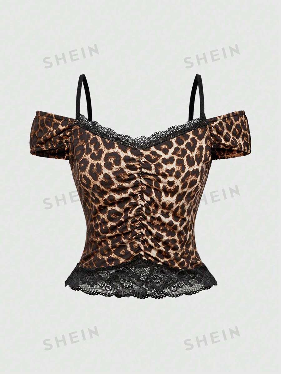 ROMWE Grunge Punk Y2K Leopard Print Lace-Up Women's Off-Shoulder Slim Fit T-Shirt, School | SHEIN