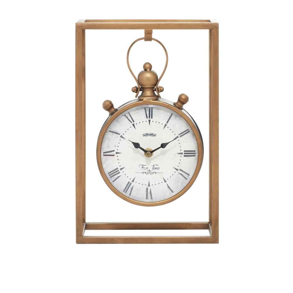 LITTON LANE 13 in. x 9 in. Round Iron Table Clock with Rectangular Iron Frame, Gold | The Home Depot