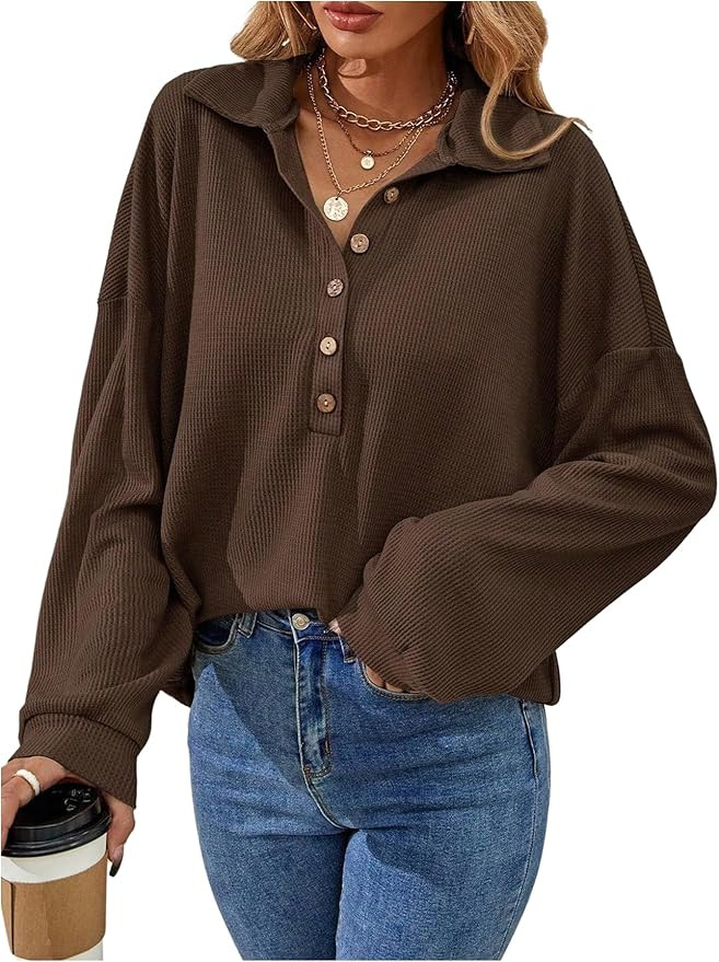 SweatyRocks Women's Waffle Knit Tops Collar Long Sleeve Casual Loose Half Button Shirts Fall Tren... | Amazon (US)