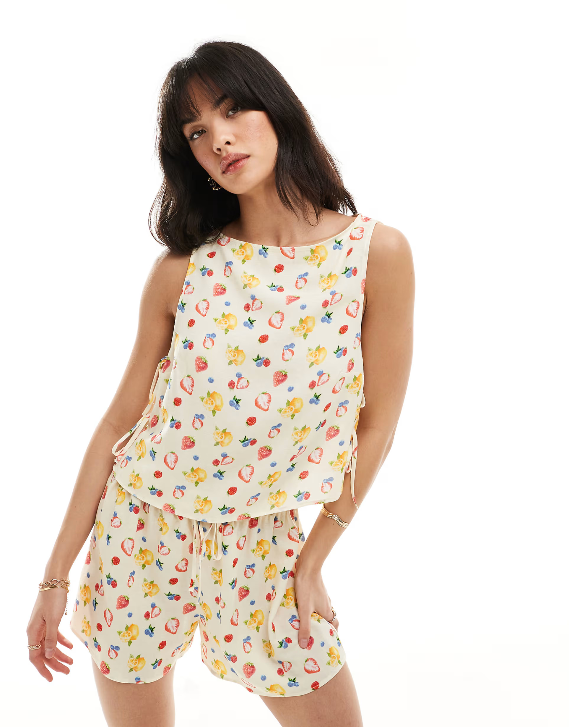 ASOS DEISGN linen look tie side top in fruit print - part of a set | ASOS (Global)