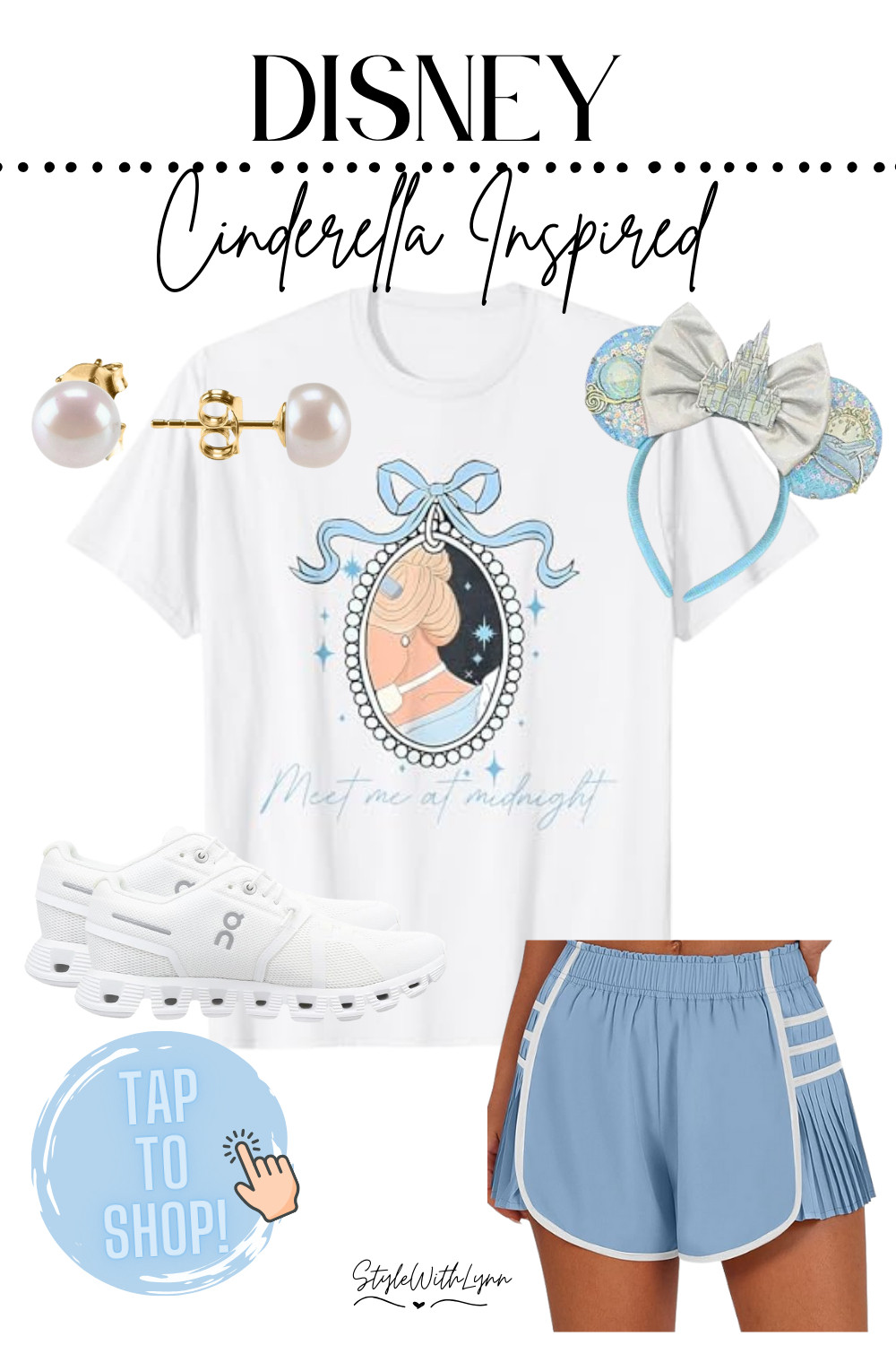 Get ready to step into a fairytale with this Cinderella-inspired Disney outfit, perfect for your next magical day at Disney World! This dreamy look features a whimsical "Meet Me at Midnight" Cinderella graphic tee, paired effortlessly with light blue pleated athletic shorts that keep you stylish and cool in the Florida heat. Add a touch of princess sparkle with classic pearl stud earrings and complete the look with ultra-comfy white sneakers—ideal for walking the parks all day. And of course, no Disney outfit is complete without a pair of Cinderella castle-themed mouse ears to tie it all together! Whether you're headed to Magic Kingdom or enjoying a Disney resort day, this outfit is the ultimate mix of comfort and royal style.

✨ Tap to shop now and bring your Disney princess dreams to life with this enchanting Cinderella look!

#WhatToWearToDisney #DisneyOutfitIdeas #CinderellaDisneyOutfit #DisneyPrincessStyle #DisneyParksLook #LTKDisney #StyleWithLynn #DisneyVacationStyle #ComfortableDisneyOutfits 

 