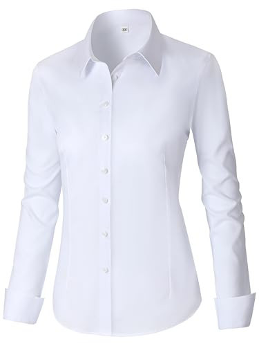 Womens Cotton Button Down Shirts for Women Fitted Long Sleeve Formal Dress Shirt Work Blouses Tops White 3XL | Amazon (US)
