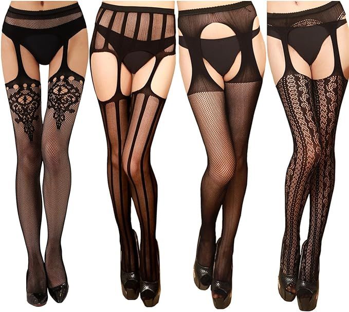 TGD Womens Fishnet Tights Suspender Pantyhose Thigh High Stockings Black 4 Pairs | Amazon (US)