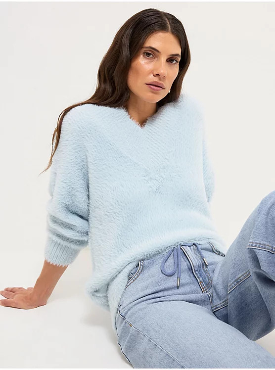 Light Blue Fluffy Knitted Ribbed V Neck Jumper | George